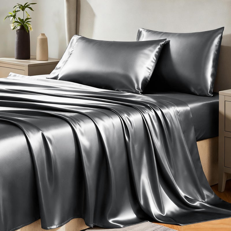 CozyLux Satin Sheets Queen Size Bed Set - 4 Piece Silky Queen Sheet Set, Luxury Dark Grey Queen Sheets with Smooth and Soft Microfiber, Includes 1 Fitted Sheet, 1 Flat Sheet and 2 Pillowcases - Image 1